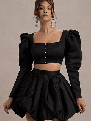 Eloisa | Black Satin Puff-Sleeve Cropped Jacket