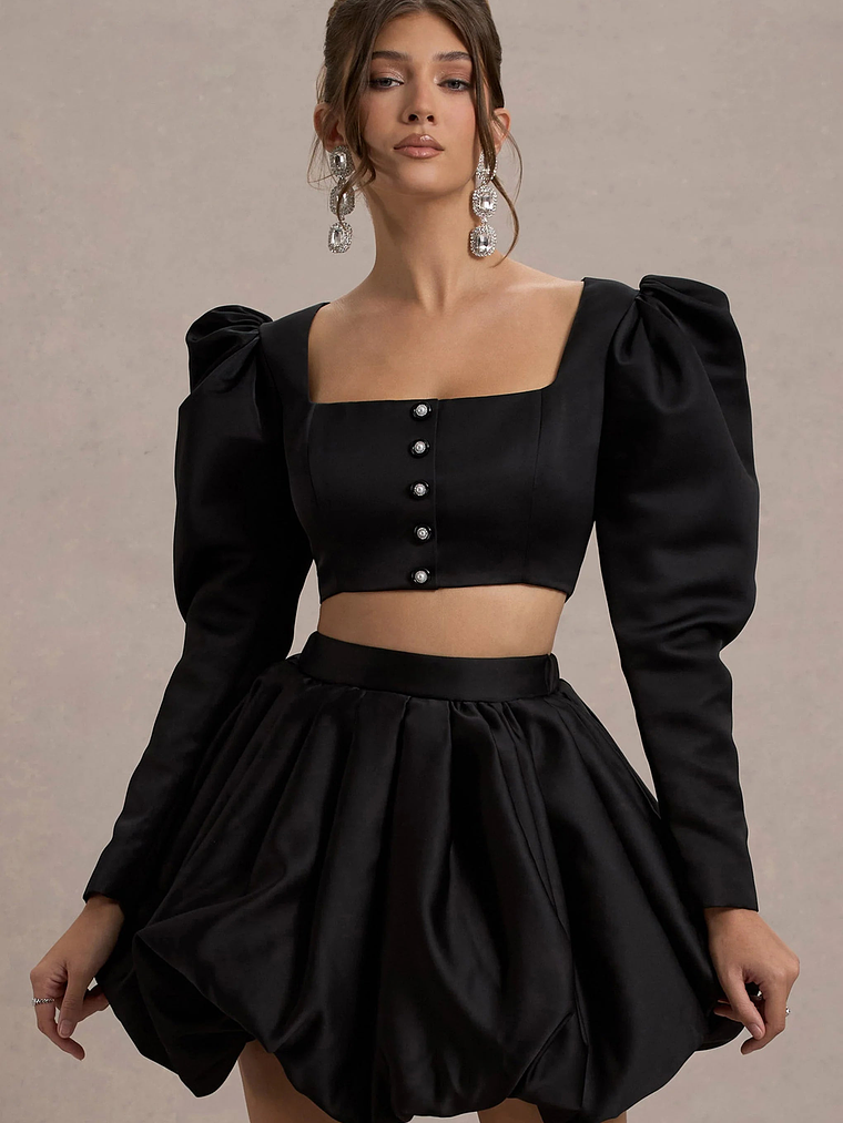 Eloisa | Black Satin Puff-Sleeve Cropped Jacket 1