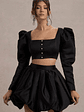Eloisa | Black Satin Puff-Sleeve Cropped Jacket - thumbnail 1