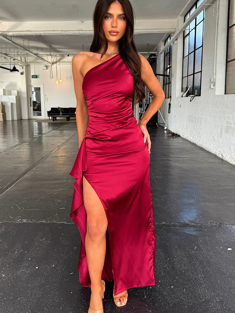 Elianna One Shoulder Satin Maxi Dress - Burgundy 5