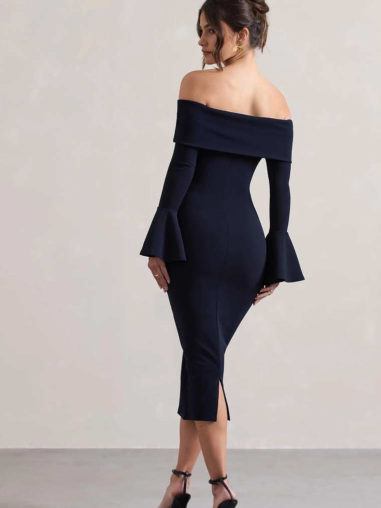 Emma | Navy Bardot Flared-Sleeve Midi Dress 2