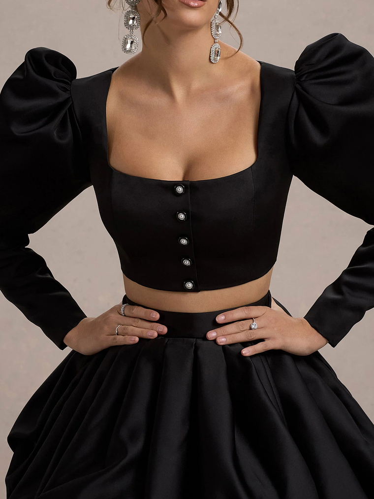 Eloisa | Black Satin Puff-Sleeve Cropped Jacket 3
