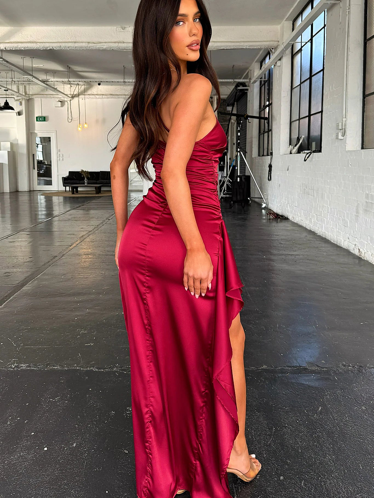Elianna One Shoulder Satin Maxi Dress - Burgundy 8