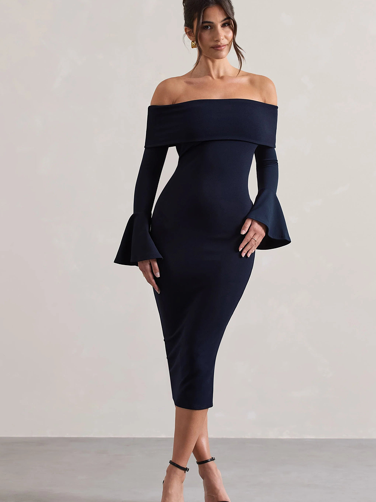 Emma | Navy Bardot Flared-Sleeve Midi Dress 4