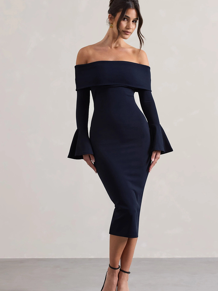 Emma | Navy Bardot Flared-Sleeve Midi Dress 5