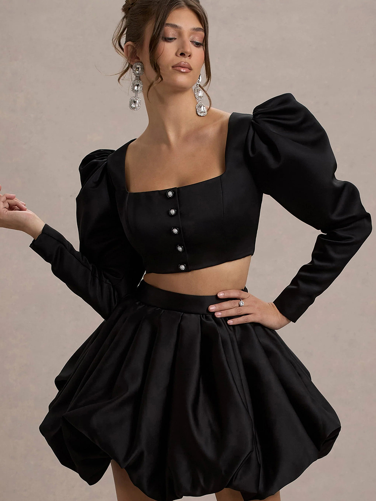 Eloisa | Black Satin Puff-Sleeve Cropped Jacket 6