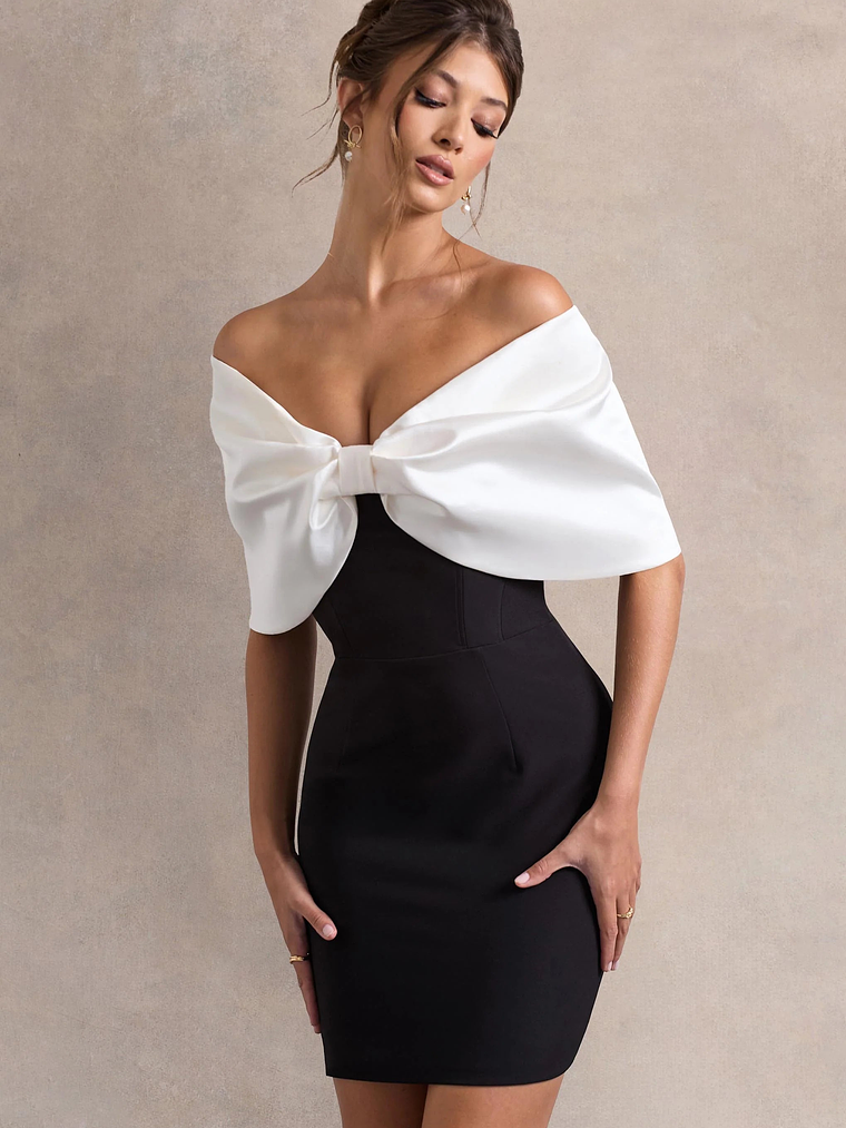 Dewdrop | Black & White Mini Dress With Oversized Bow 3