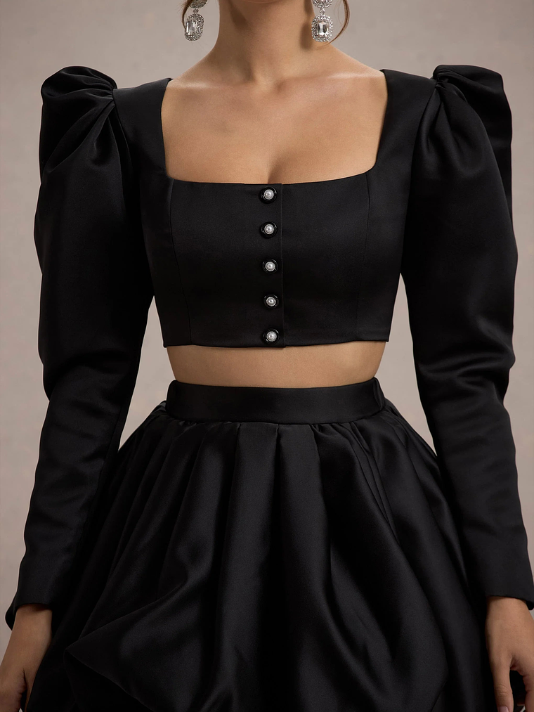 Eloisa | Black Satin Puff-Sleeve Cropped Jacket 7