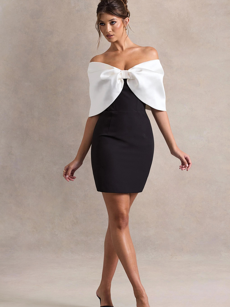 Dewdrop | Black & White Mini Dress With Oversized Bow 4