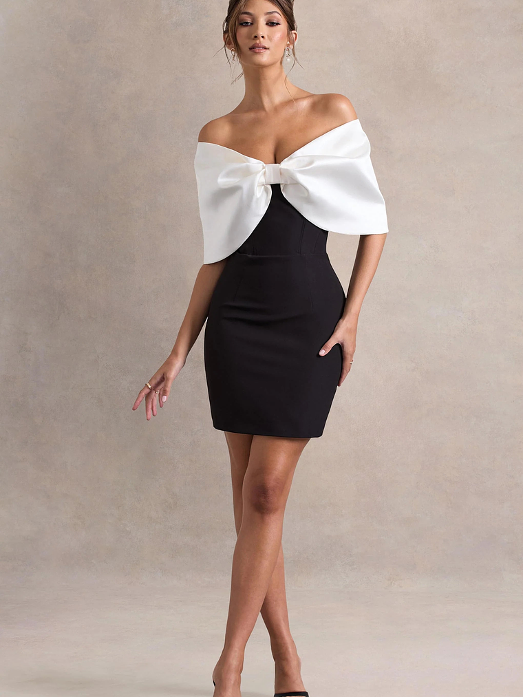 Dewdrop | Black & White Mini Dress With Oversized Bow 5
