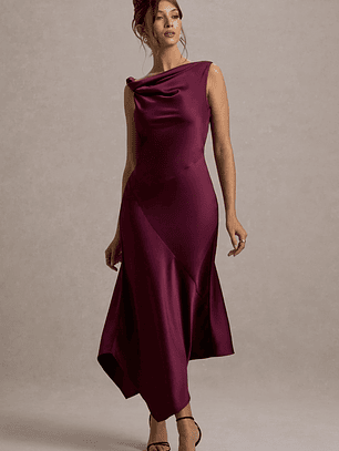 Donelli | Plum Satin Asymmetric Midi Dress