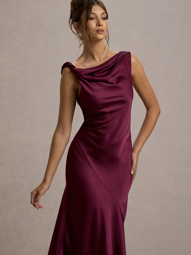 Donelli | Plum Satin Asymmetric Midi Dress 3