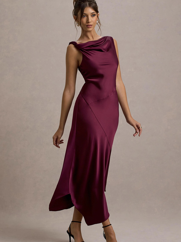 Donelli | Plum Satin Asymmetric Midi Dress 4