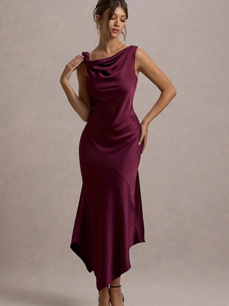 Donelli | Plum Satin Asymmetric Midi Dress 5