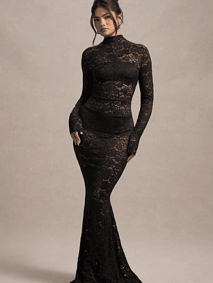 Delevingne | Black Lace Sheer Long-Sleeve Maxi Dress