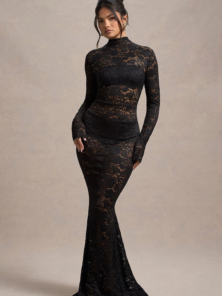 Delevingne | Black Lace Sheer Long-Sleeve Maxi Dress 1
