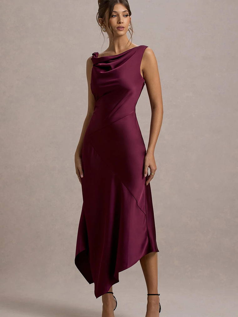 Donelli | Plum Satin Asymmetric Midi Dress 6