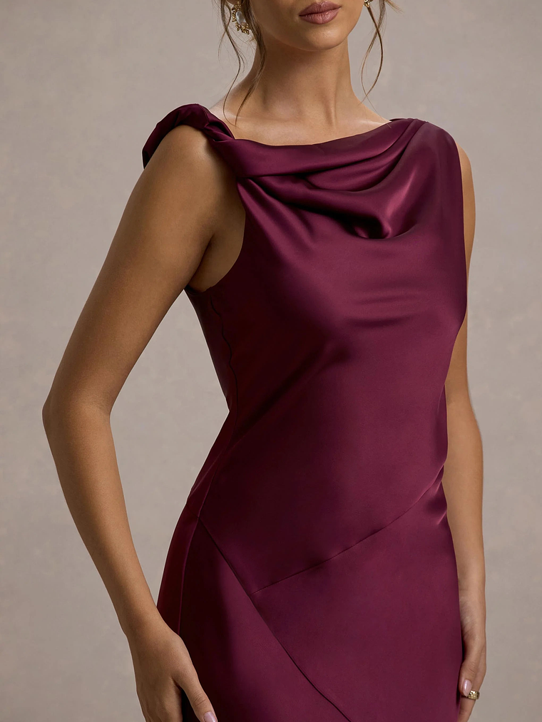 Donelli | Plum Satin Asymmetric Midi Dress 7