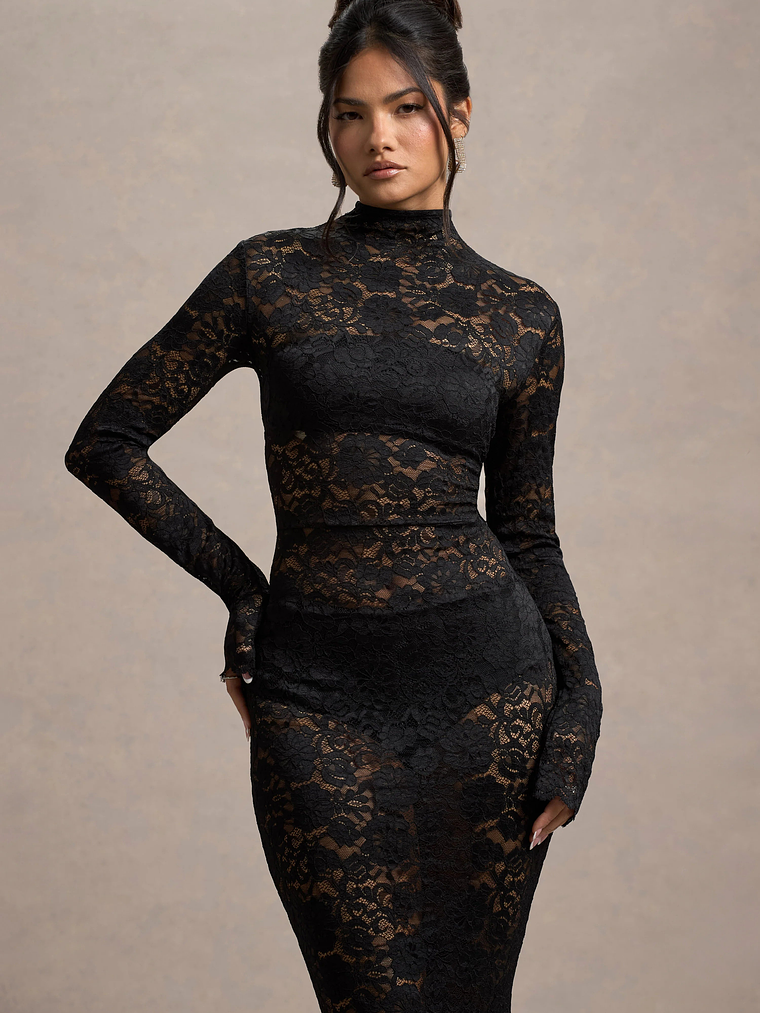 Delevingne | Black Lace Sheer Long-Sleeve Maxi Dress 3