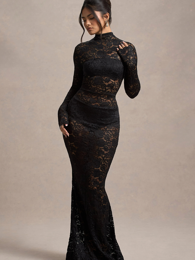 Delevingne | Black Lace Sheer Long-Sleeve Maxi Dress 4