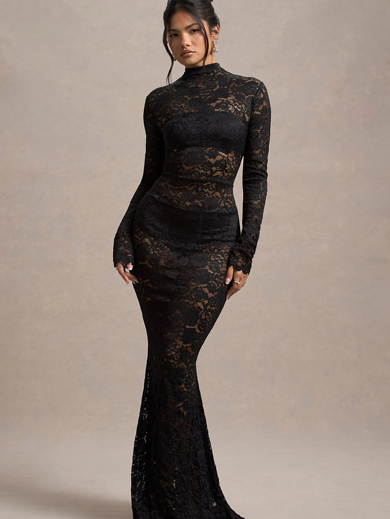 Delevingne | Black Lace Sheer Long-Sleeve Maxi Dress 6