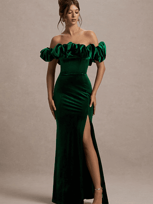 Esmeralda | Bottle Green Velvet Structured Ruffled Bardot Maxi Dress