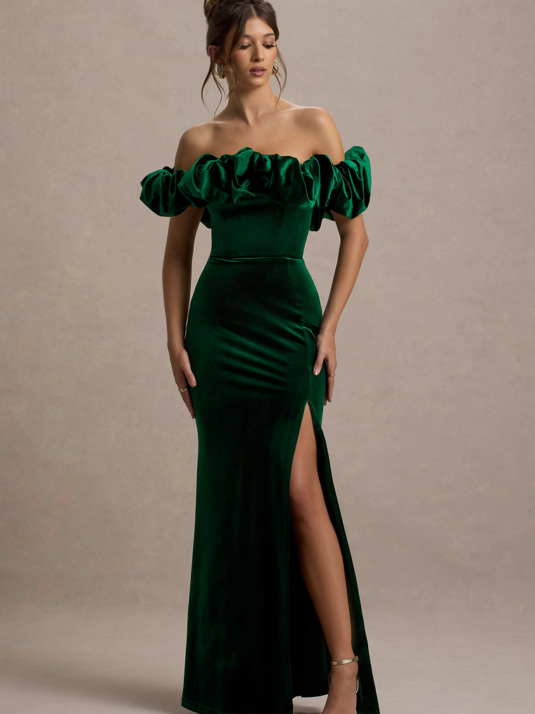 Esmeralda | Bottle Green Velvet Structured Ruffled Bardot Maxi Dress 1