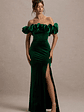 Esmeralda | Bottle Green Velvet Structured Ruffled Bardot Maxi Dress - thumbnail 1