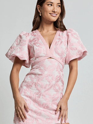 Diana Mini Dress Jacquard Short Sleeve Cut Out Dress in Light Pink