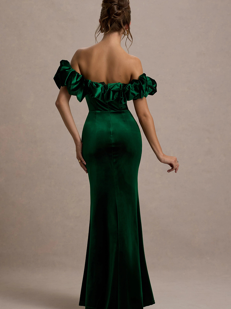Esmeralda | Bottle Green Velvet Structured Ruffled Bardot Maxi Dress 2