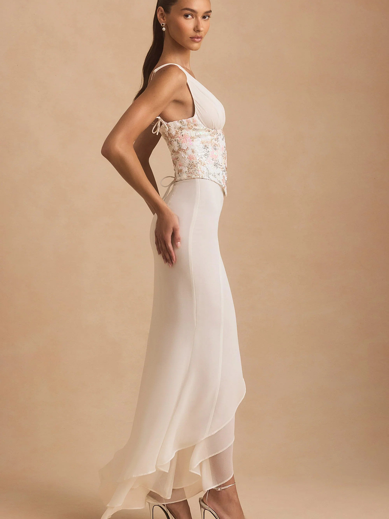 Embellished Plunge Ruffled Corset Maxi Dress in Ivory 3