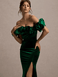 Esmeralda | Bottle Green Velvet Structured Ruffled Bardot Maxi Dress - thumbnail 3