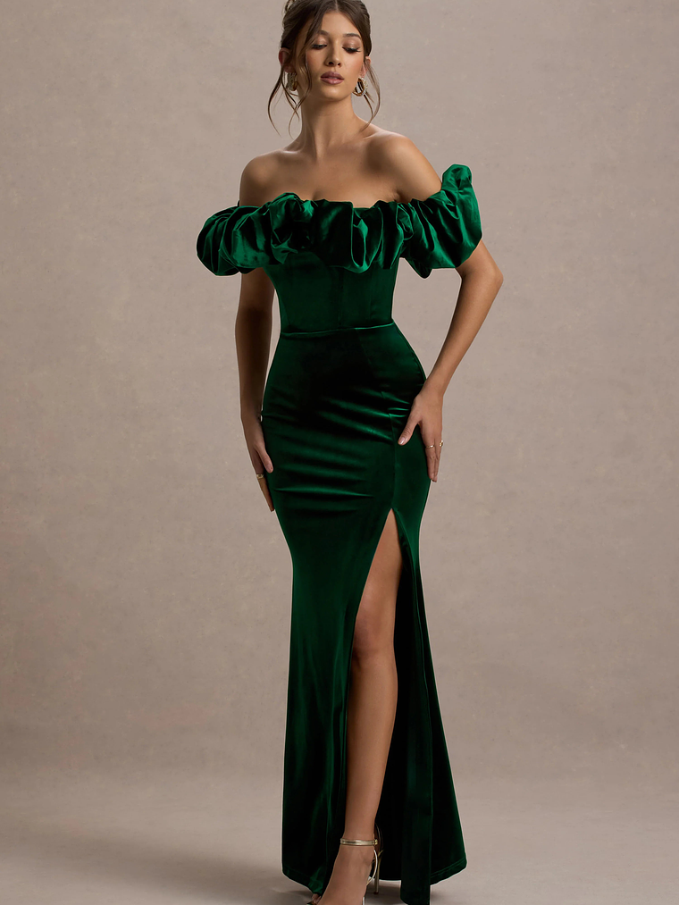 Esmeralda | Bottle Green Velvet Structured Ruffled Bardot Maxi Dress 4