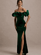 Esmeralda | Bottle Green Velvet Structured Ruffled Bardot Maxi Dress - thumbnail 4