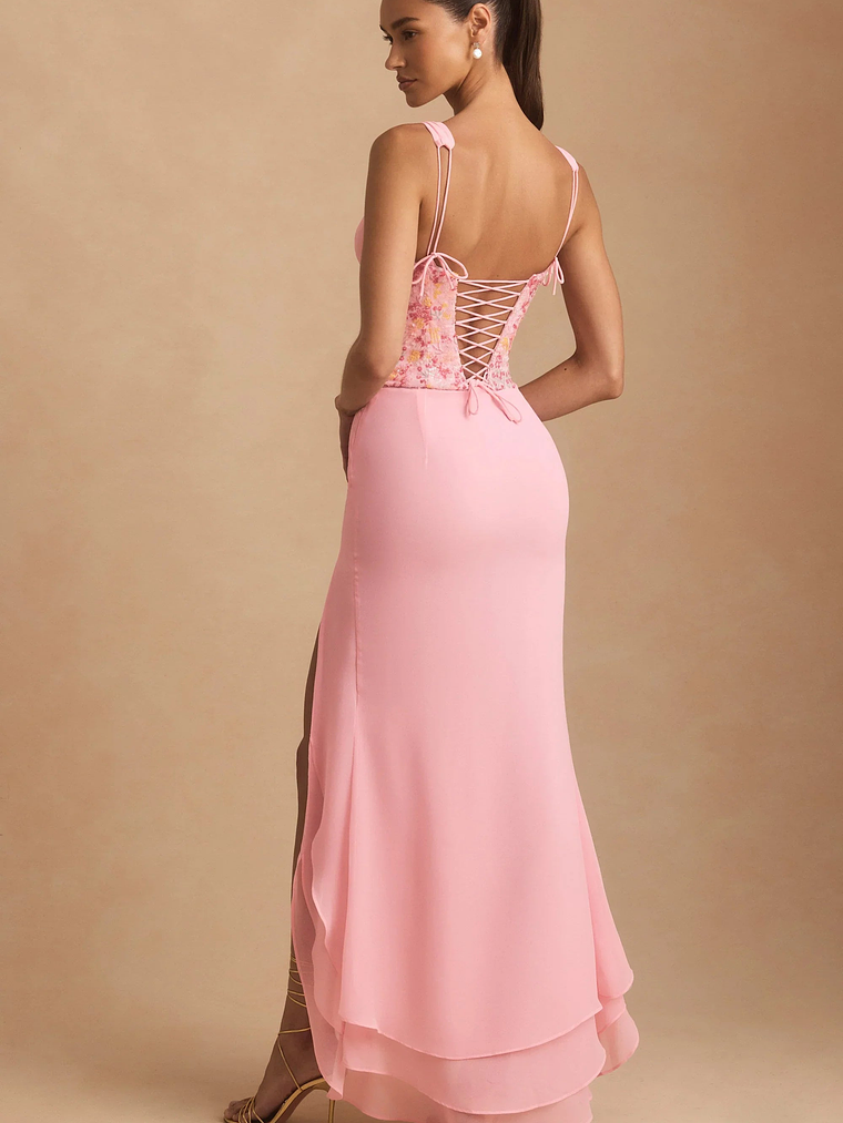Embellished Plunge Ruffled Corset Maxi Dress in Pink 2