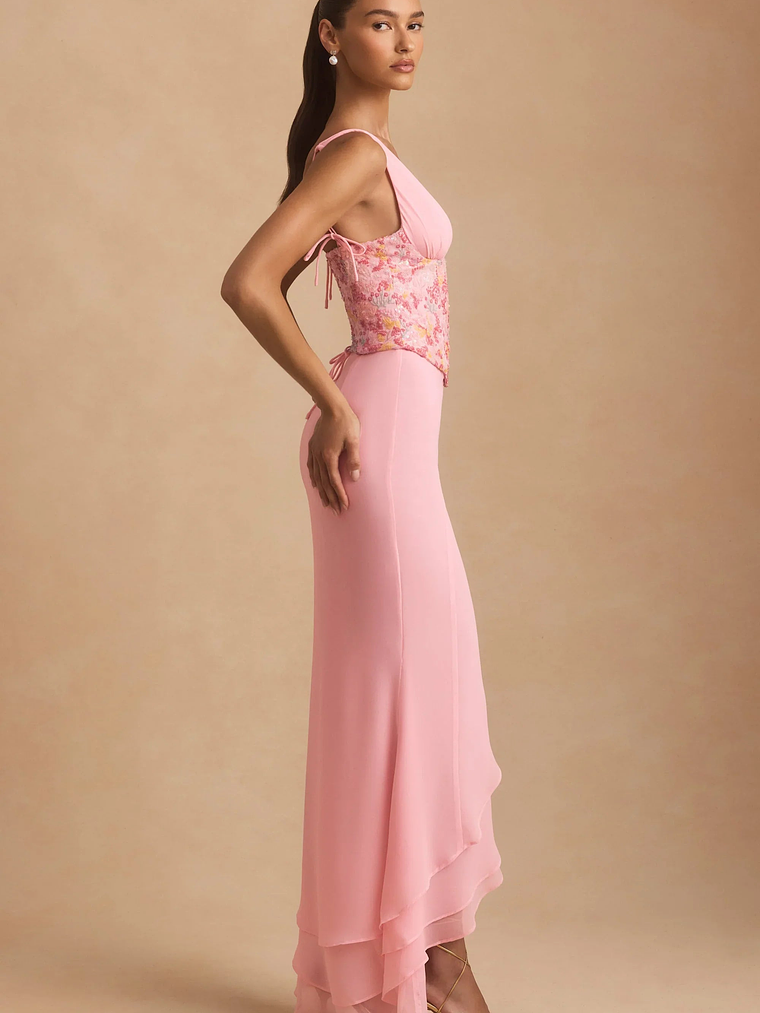 Embellished Plunge Ruffled Corset Maxi Dress in Pink 3