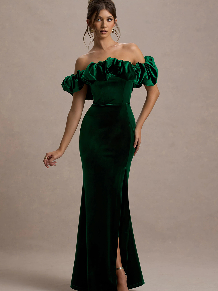 Esmeralda | Bottle Green Velvet Structured Ruffled Bardot Maxi Dress 5
