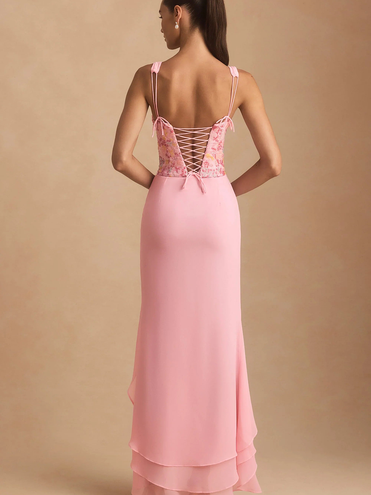 Embellished Plunge Ruffled Corset Maxi Dress in Pink 6