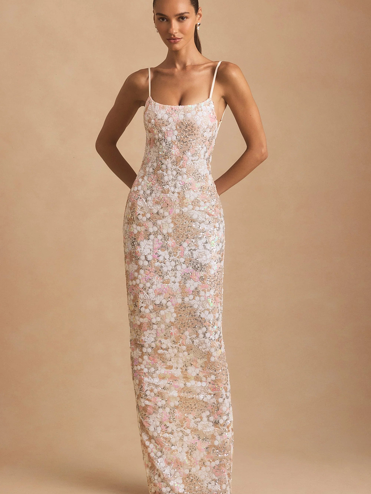 Embellished Scoop-Neck Backless Maxi Dress in Ivory 2