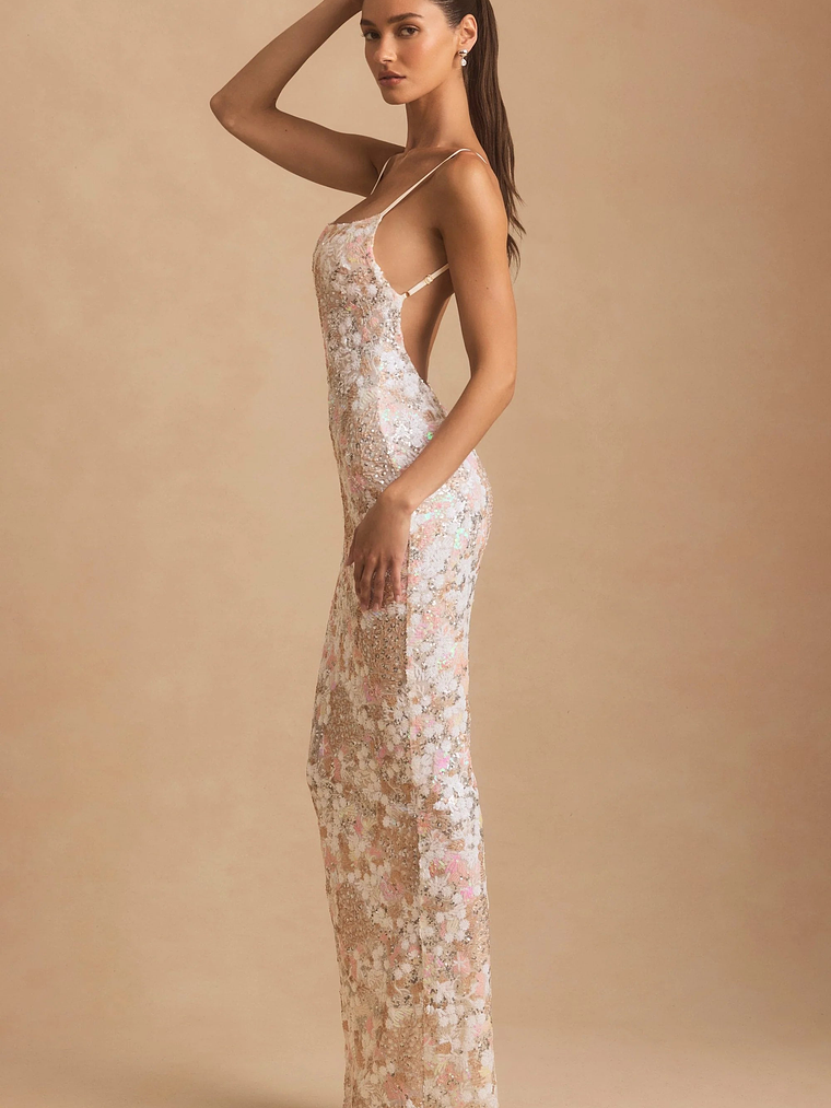Embellished Scoop-Neck Backless Maxi Dress in Ivory 3