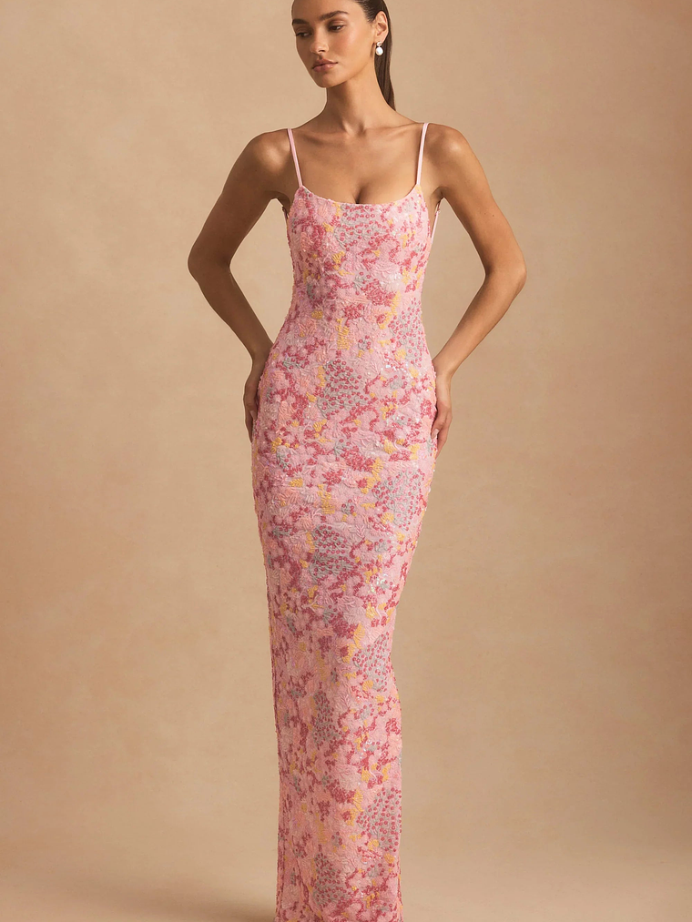 Embellished Scoop-Neck Backless Maxi Dress in Pink 2