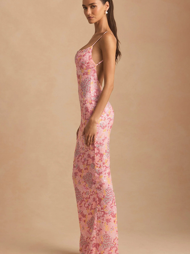 Embellished Scoop-Neck Backless Maxi Dress in Pink 3