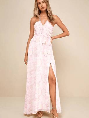 Effortlessly Abloom Light Pink Floral Ruched Halter Maxi Dress
