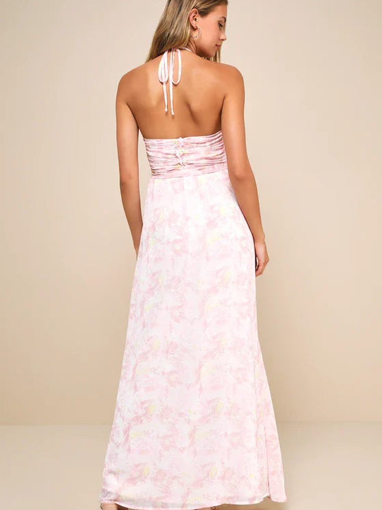 Effortlessly Abloom Light Pink Floral Ruched Halter Maxi Dress 2