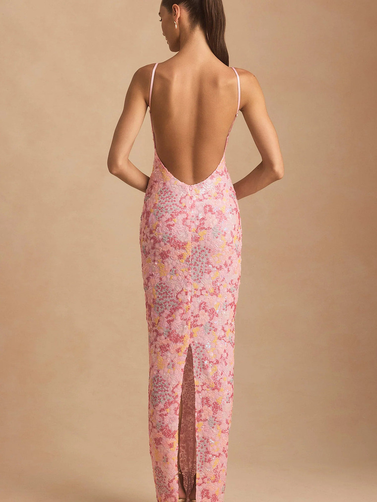 Embellished Scoop-Neck Backless Maxi Dress in Pink 5