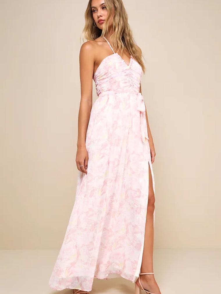Effortlessly Abloom Light Pink Floral Ruched Halter Maxi Dress 4