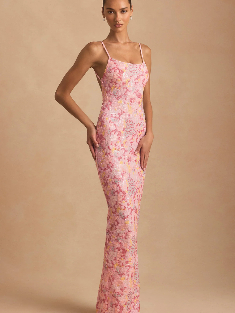 Embellished Scoop-Neck Backless Maxi Dress in Pink 6