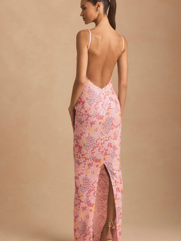 Embellished Scoop-Neck Backless Maxi Dress in Pink 7