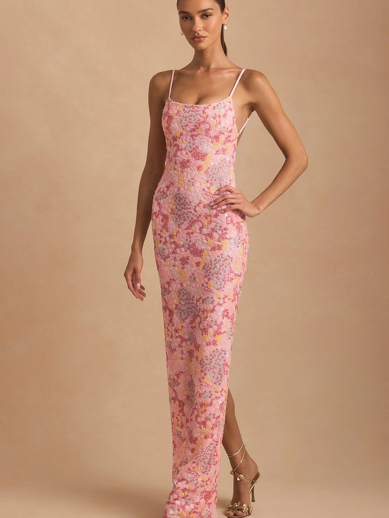 Embellished Scoop-Neck Backless Maxi Dress in Pink 8