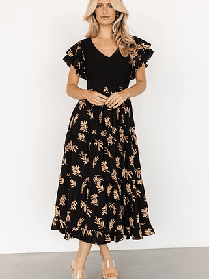 Estelle Smocked Midi Dress | Black + Tan Print